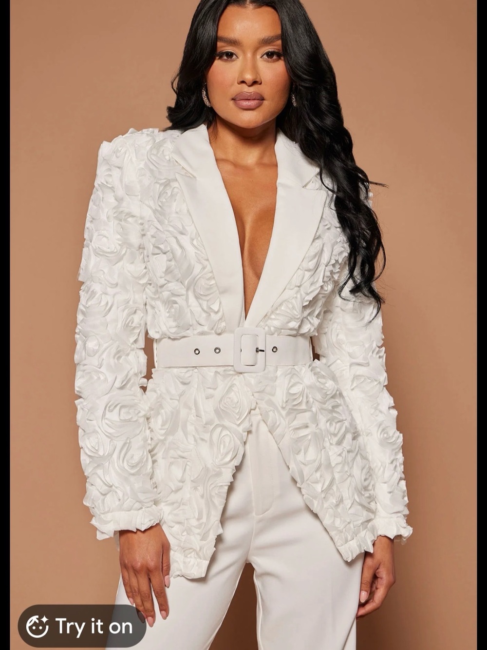 Textured White Blazer Jacket with Belt